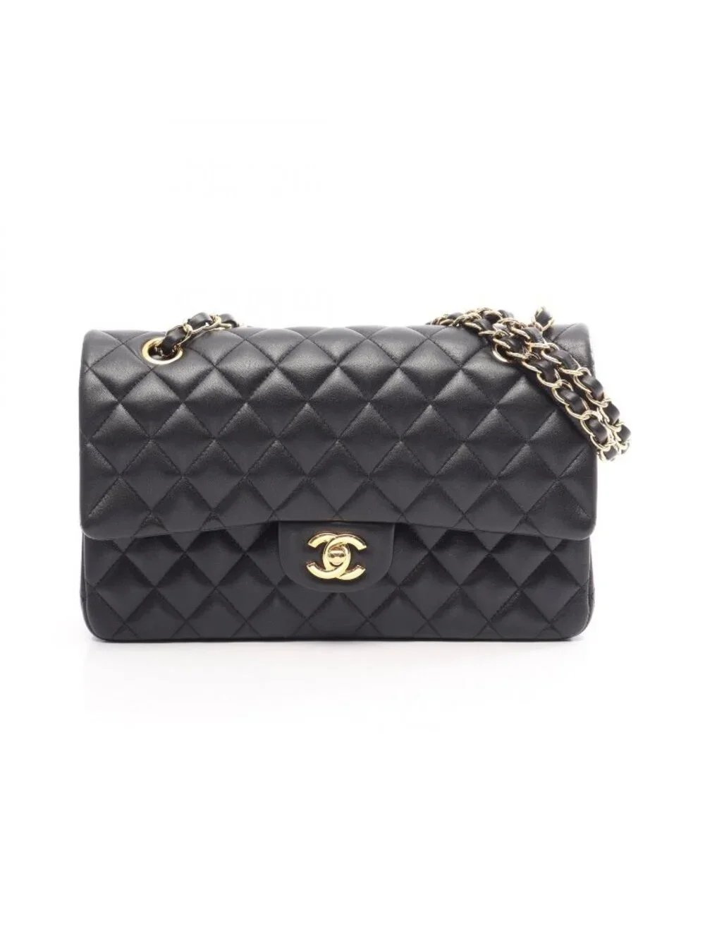 Chanel Shoulder Bag Quilted Double Flap Black Lambskin Chain